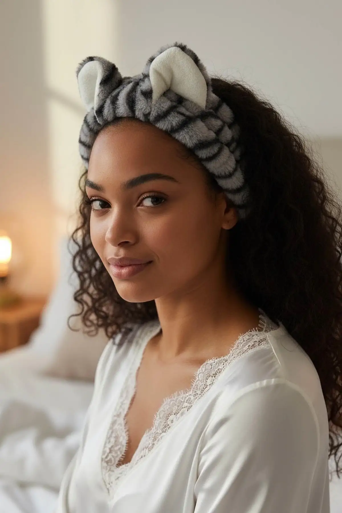 Gri Renk Kulak Detaylı Peluş Saç Bandı