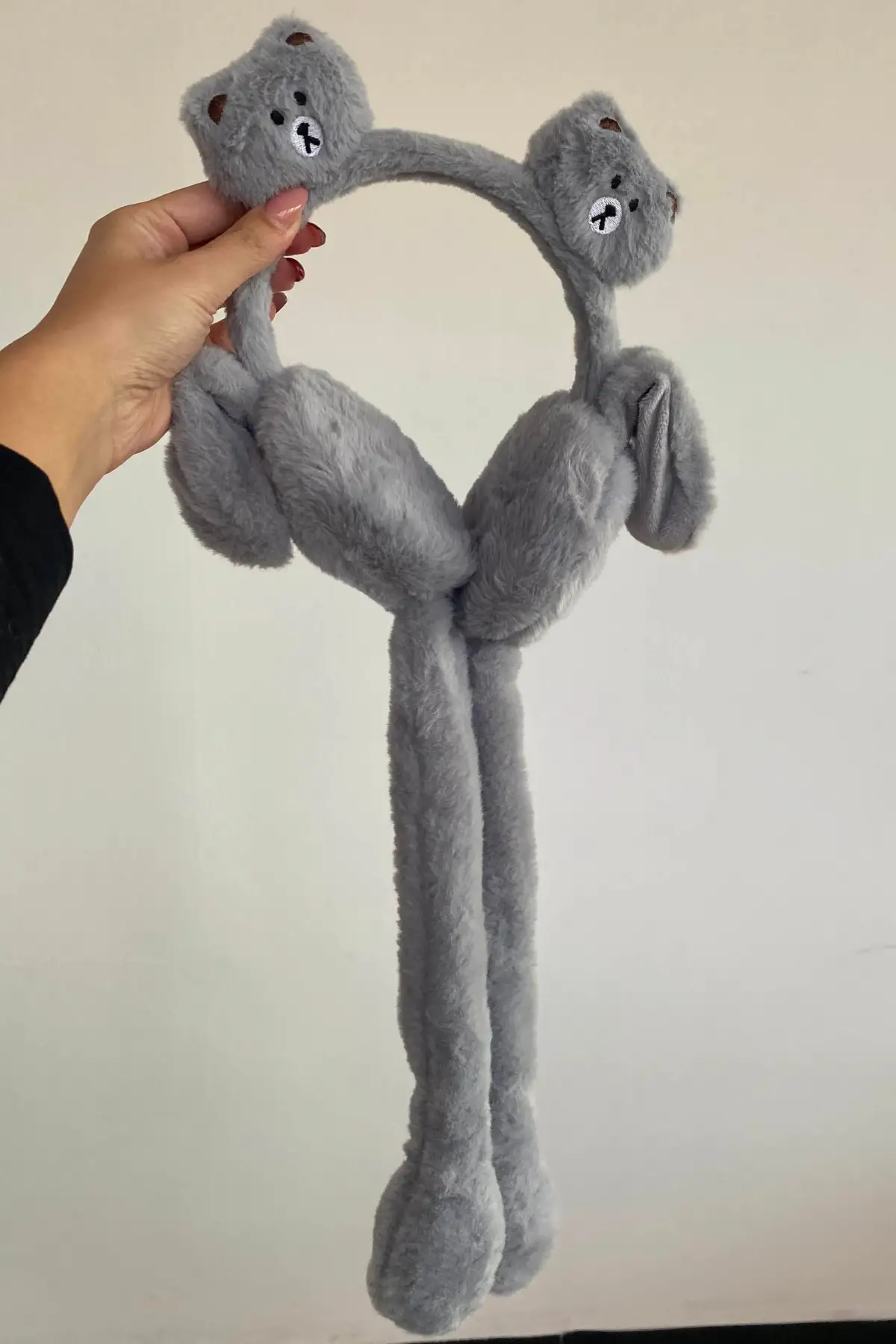 Gri Renl Ayıcık Figürlü Kulakları Oynayan Peluş Kulaklık