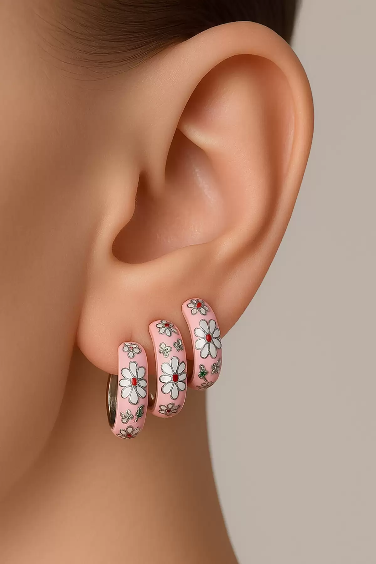 Gümüş Pembe Renk Çiçek Figürlü VİP 3lü YSX Küpe Set