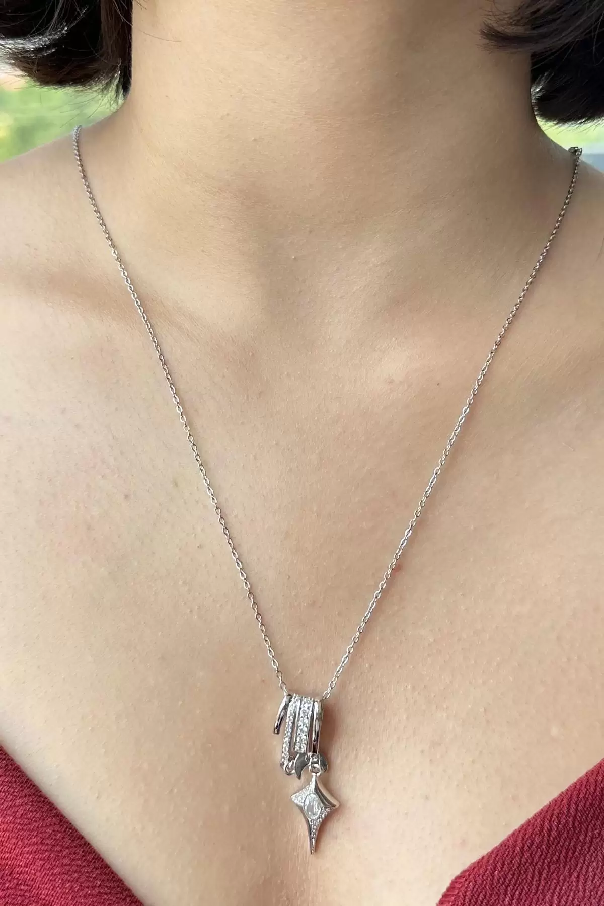 Gümüş Renk Ay Ve Yıldız Figürlü Taş Detaylı Çelik Kolye