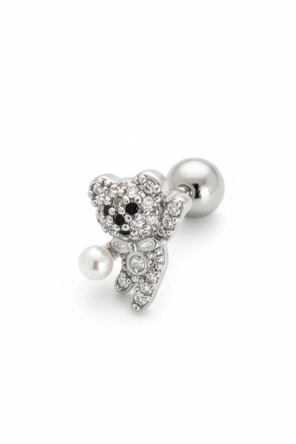 Gümüş Renk Ayıcık Figürlü Cerrahi Çelik Tragus/Kıkırdak Küpe/Piercing (Tek)