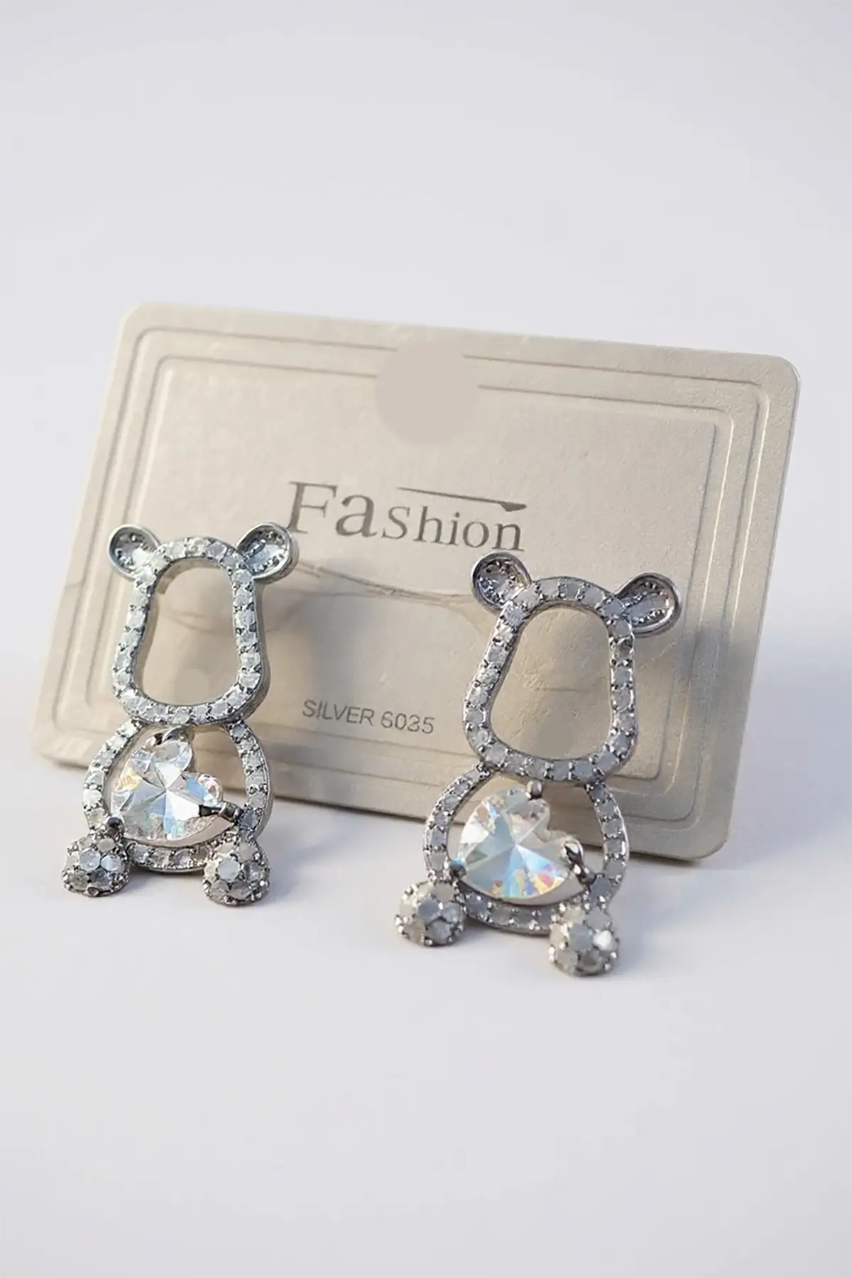 Gümüş Renk Ayıcık Figürlü Taş Detaylı 14K Altın Kaplama Küpe (Çift)