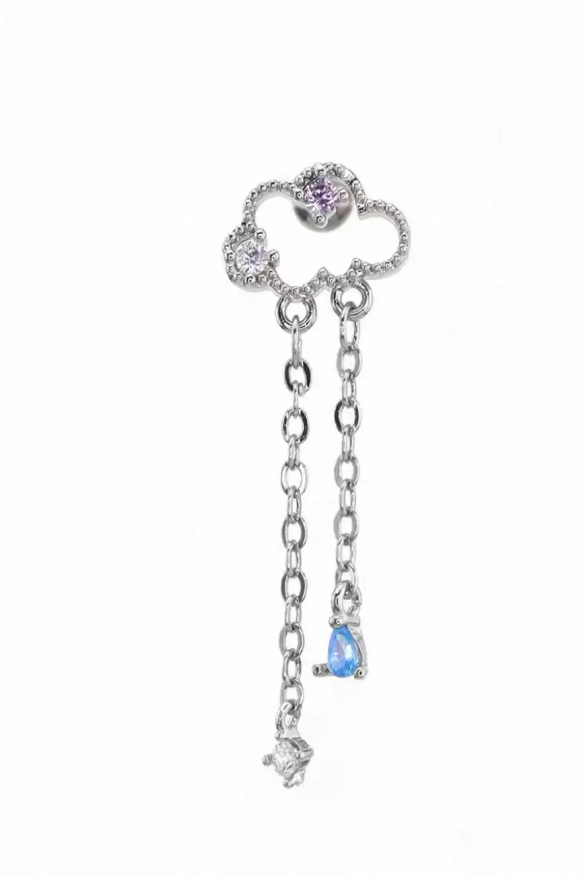 Gümüş Renk Bulut Figürlü Taş Detaylı Cerrahi Çelik Tragus/Kıkırdak Küpe/Piercing (Tek)