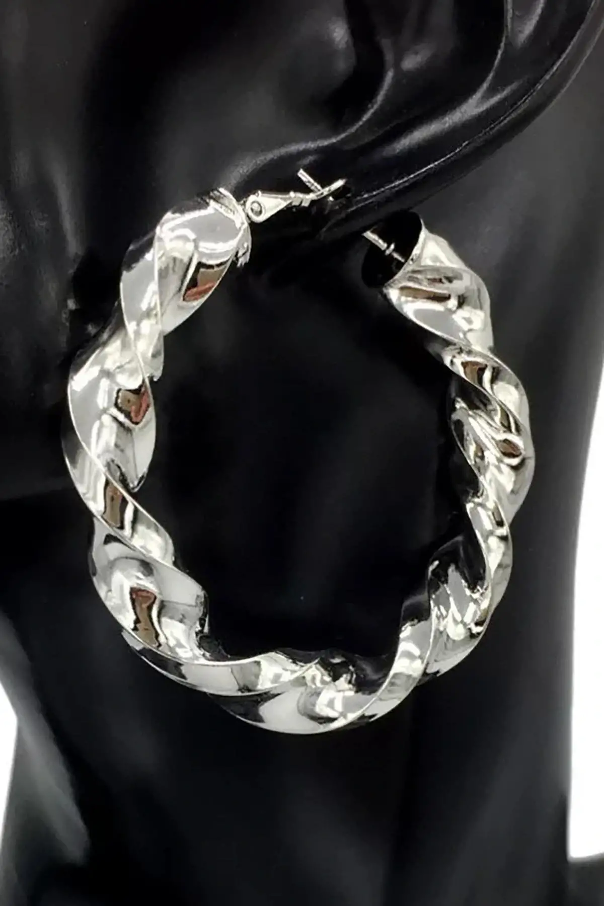 Gümüş Renk Burgu Detaylı 35Mm Halka Küpe (Çift)