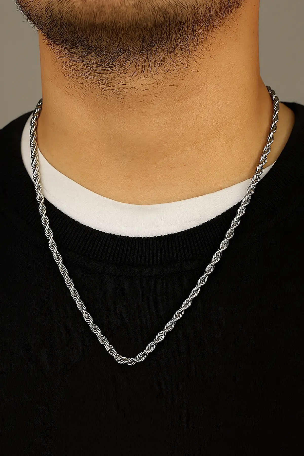 Gümüş Renk Burgu Detaylı Erkek Zincir Çelik Kolye (60cm)