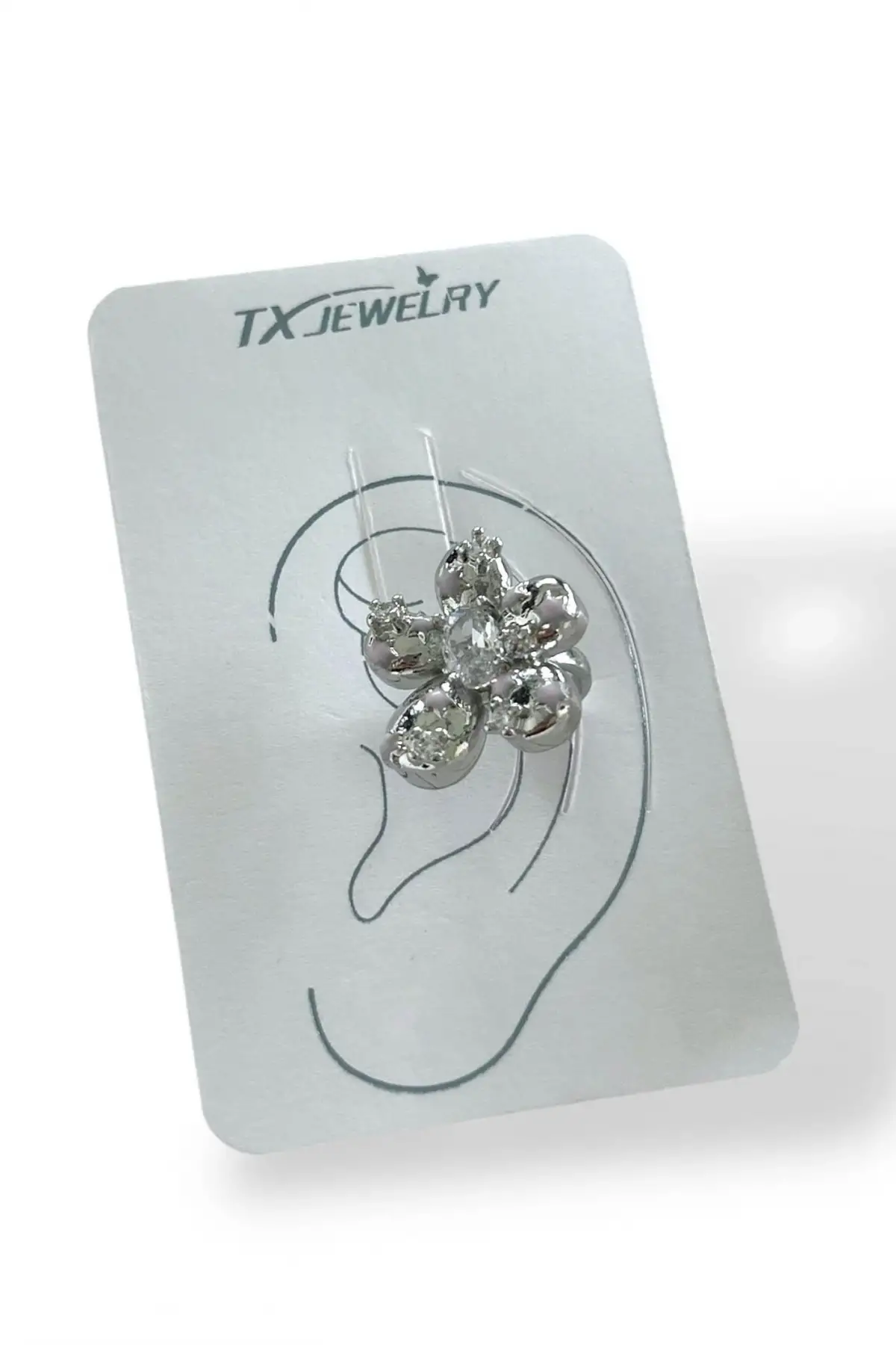 Gümüş Renk Çiçek Figürlü 14K Altın Kaplama TX Ear Cuff (Tek)