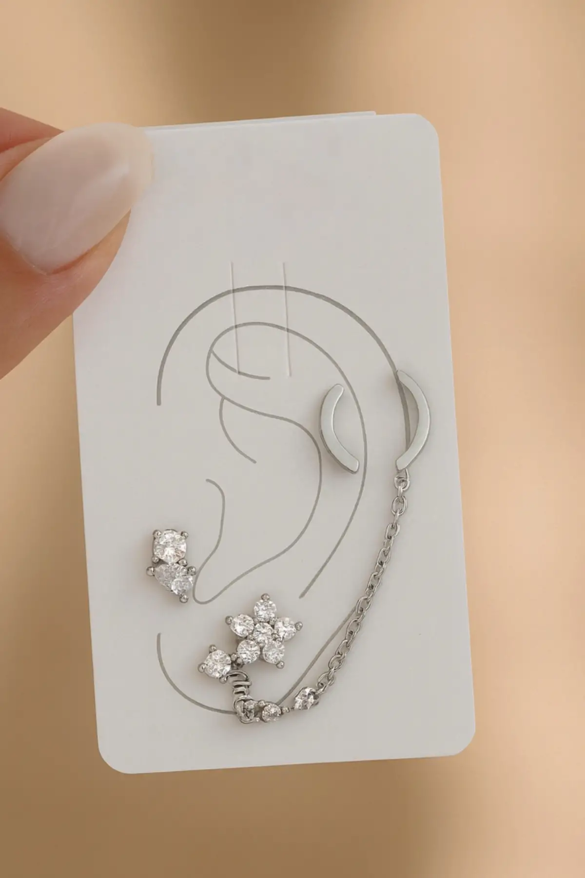 Gümüş Renk Çiçek Figürlü İkili Ear Cuff Küpe Set