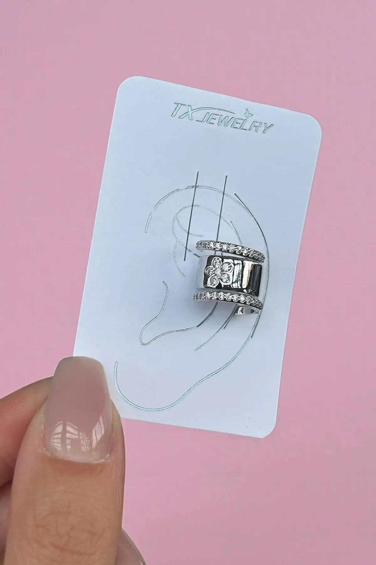 Gümüş Renk Çiçek Figürlü Taş Detaylı 14K Altın Kaplama TX Ear Cuff (Tek)