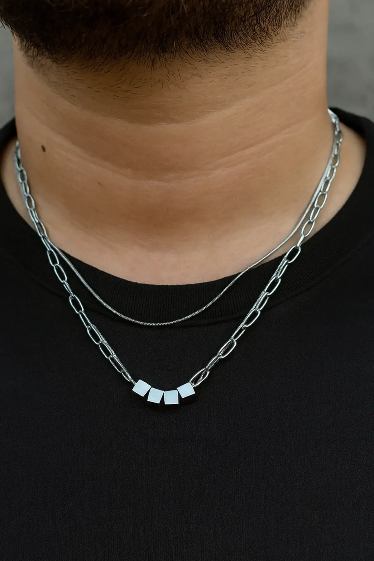 Gümüş Renk Erkek Zincir Çoklu Çelik Kolye (55cm)