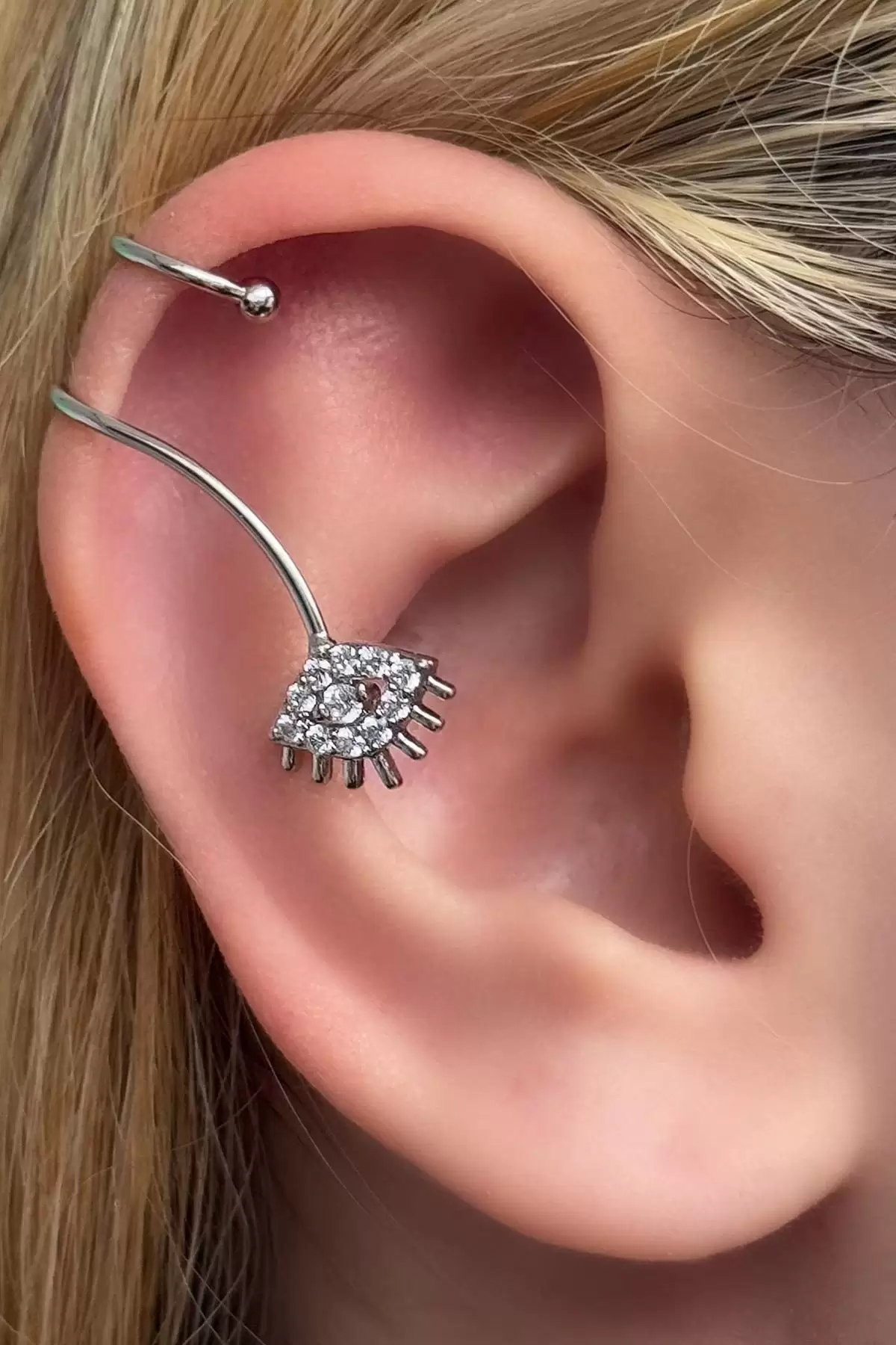 Gümüş Renk Göz Figürlü Ear Cuff Küpe (Tek)