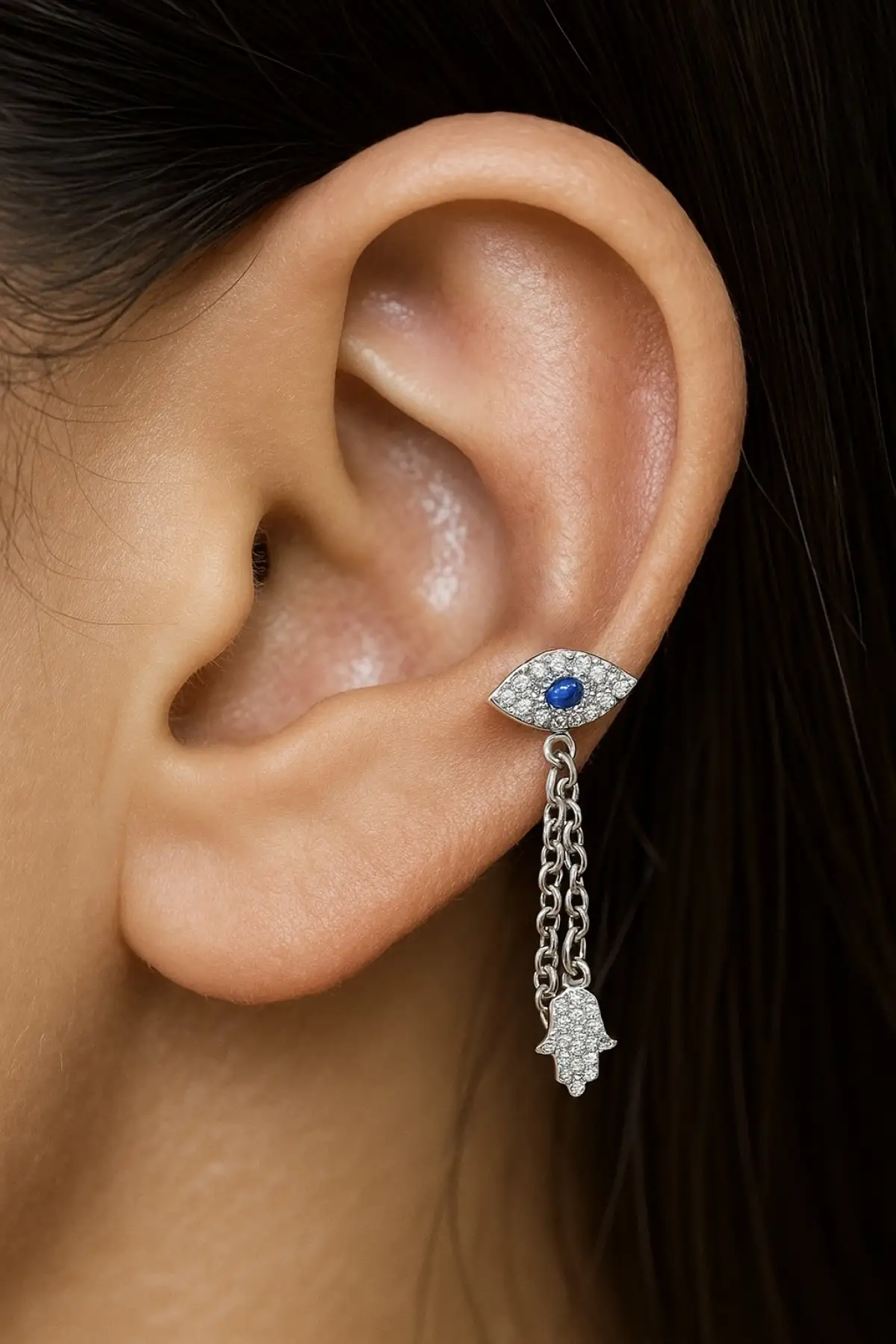 Gümüş Renk Göz Ve El Figürlü Sallantılı Cerrahi Çelik Tragus/Kıkırdak Küpe/Piercing (Tek)