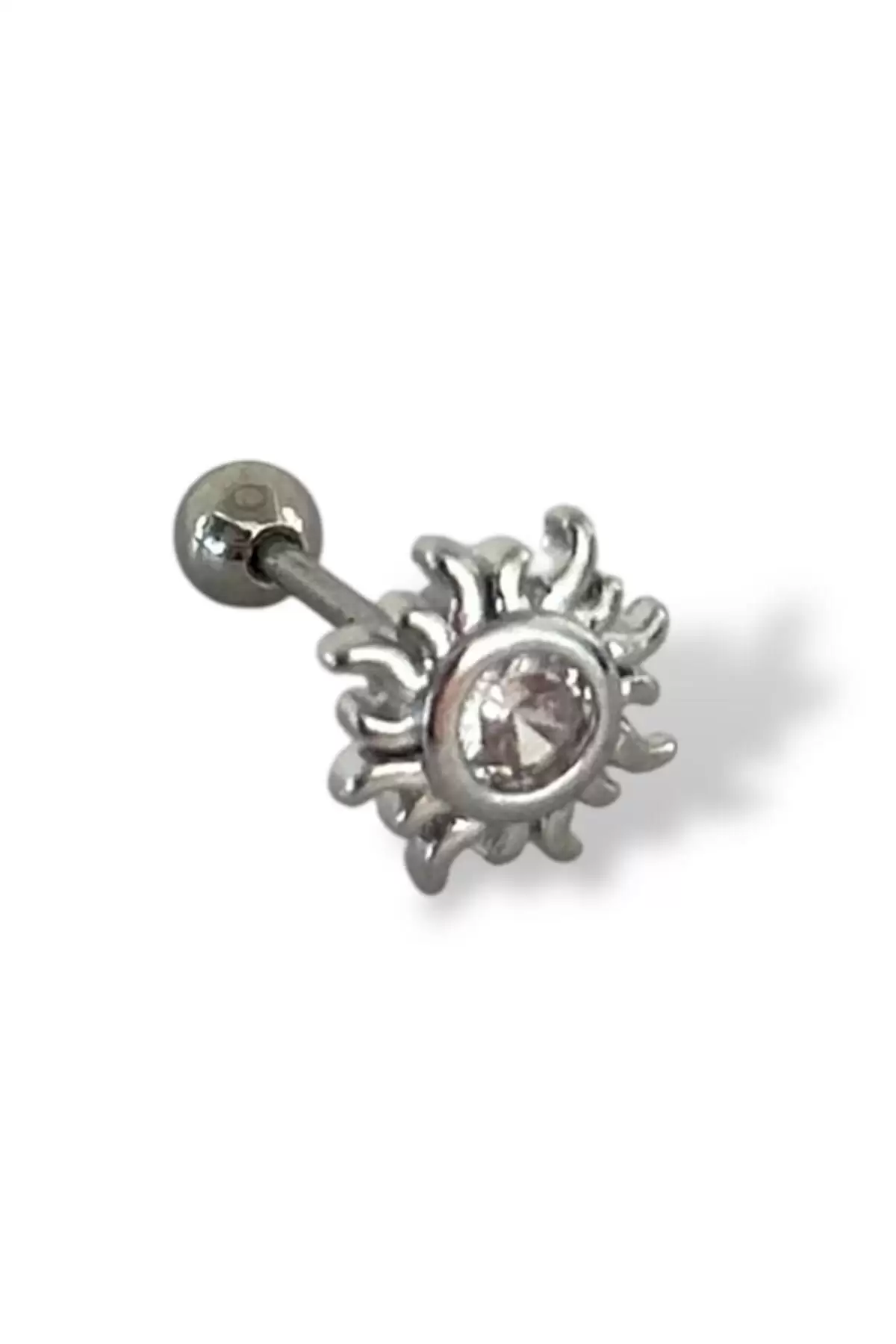 Gümüş Renk Güneş Figürlü Çelik Tragus/Kıkırdak Küpe/Piercing (Tek)