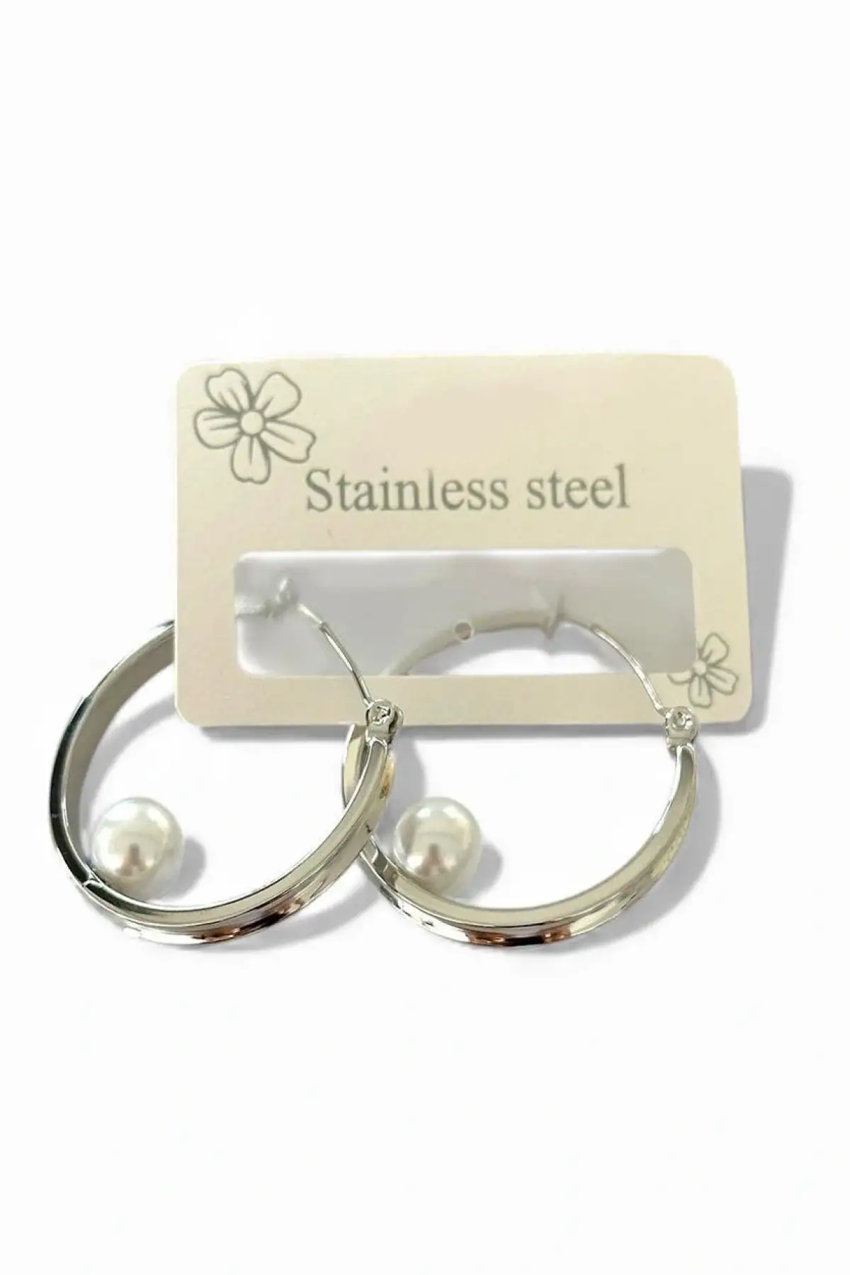 Gümüş Renk İnci Detaylı Çelik Halka  Küpe (Çift)