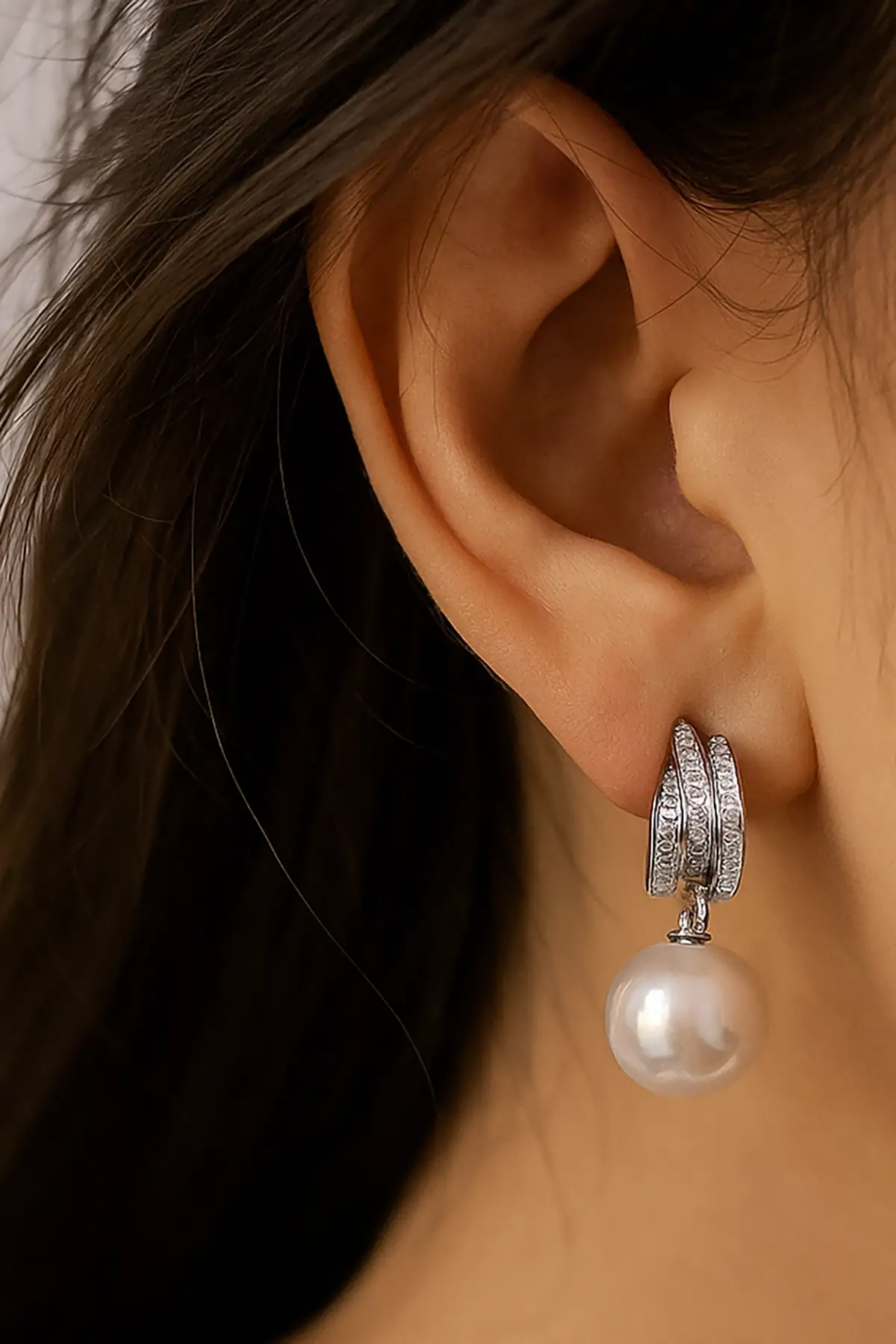 Gümüş Renk İnci Detaylı Küpe (Çift)