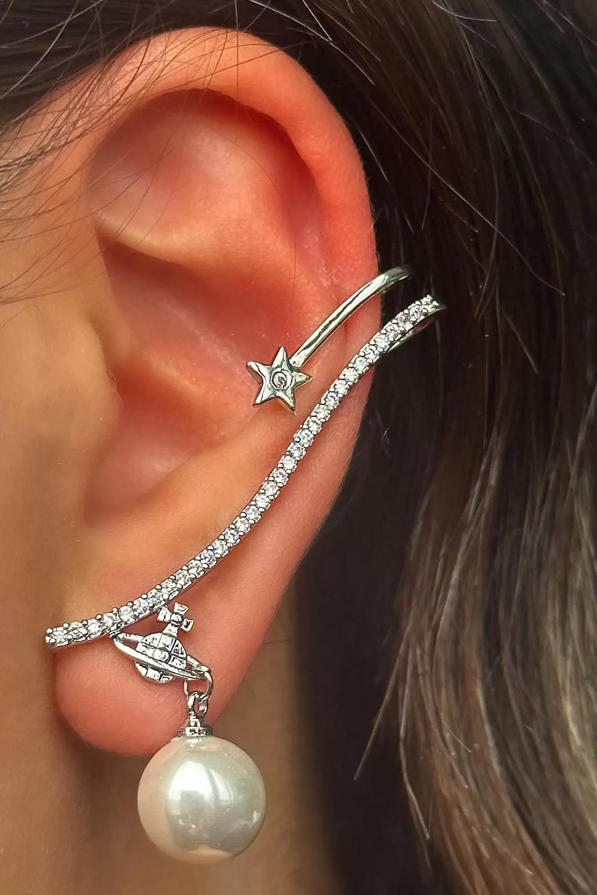 Gümüş Renk İnci Figürlü Taş Detaylı Ear Cuff (Tek)