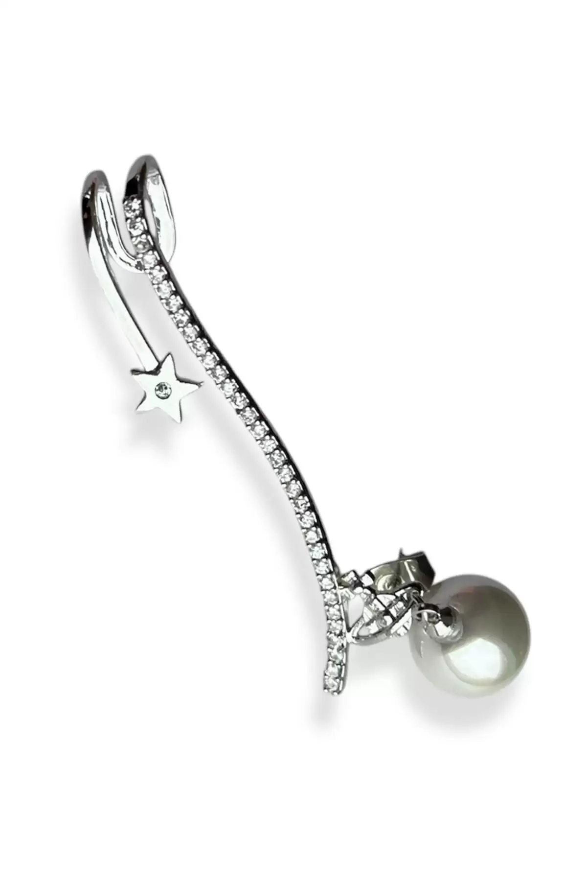 Gümüş Renk İnci Figürlü Taş Detaylı Ear Cuff (Tek)