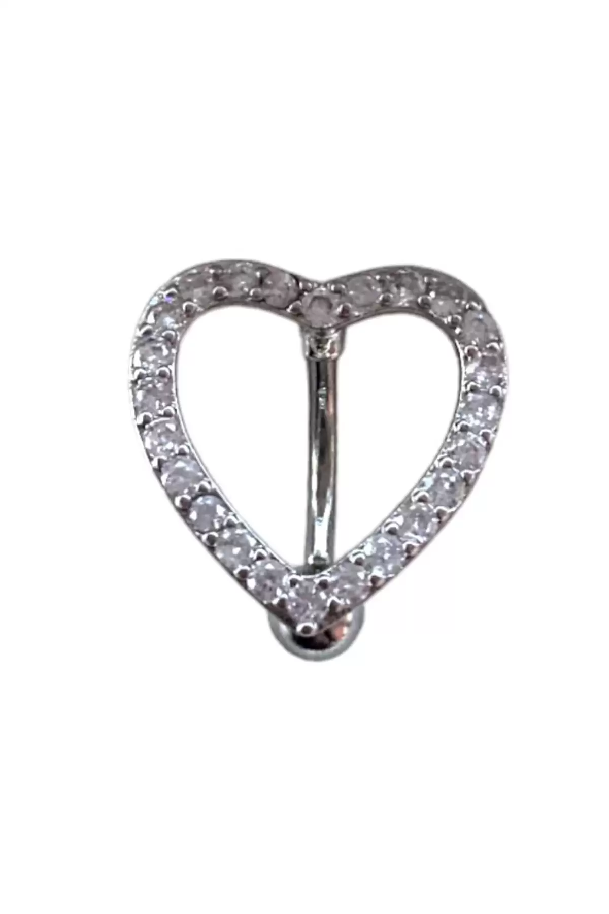 Gümüş Renk Kalp Detaylı Taşlı Çelik Göbek Piercing
