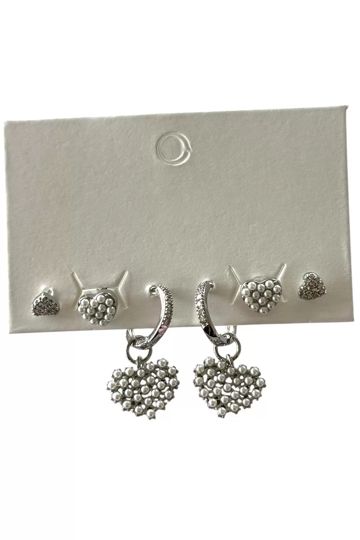 Gümüş Renk Kalp Figürlü İnci Detaylı 6lı Küpe Set
