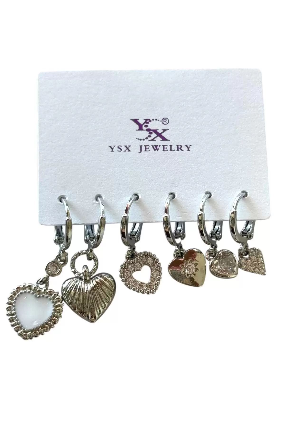 Gümüş Renk Kalp Figürlü Taş Detaylı 6lı Küpe Set