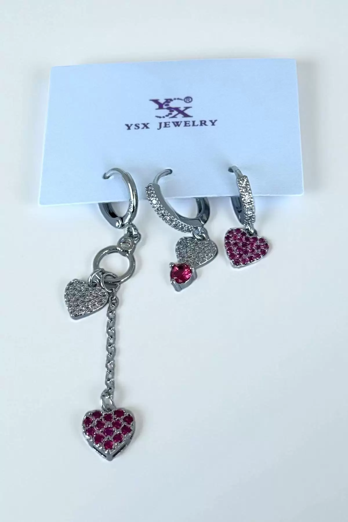 Gümüş Renk Kalp Figürlü Taş Detaylı 6lı YSX Küpe Set