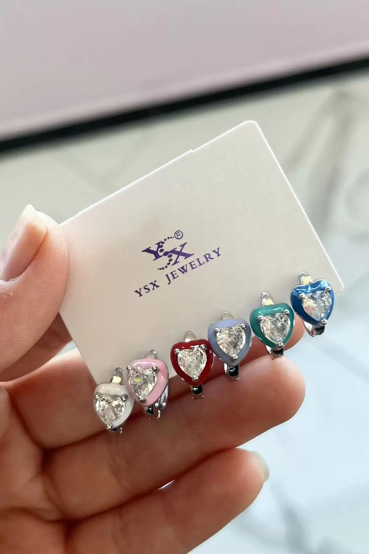 Gümüş Renk Kalp Figürlü Taş Detaylı 6lı YSX Küpe Set
