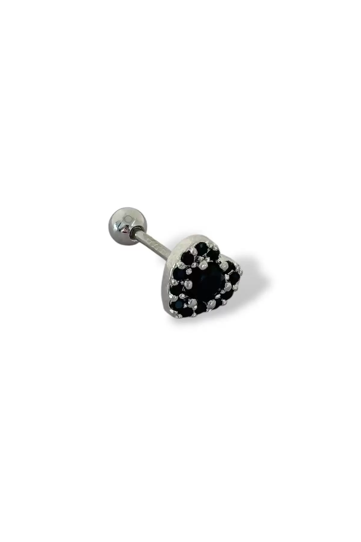 Gümüş Renk Kalp Figürlü Taş Detaylı Çelik Tragus/Kıkırdak Küpe/Piercing (Tek)