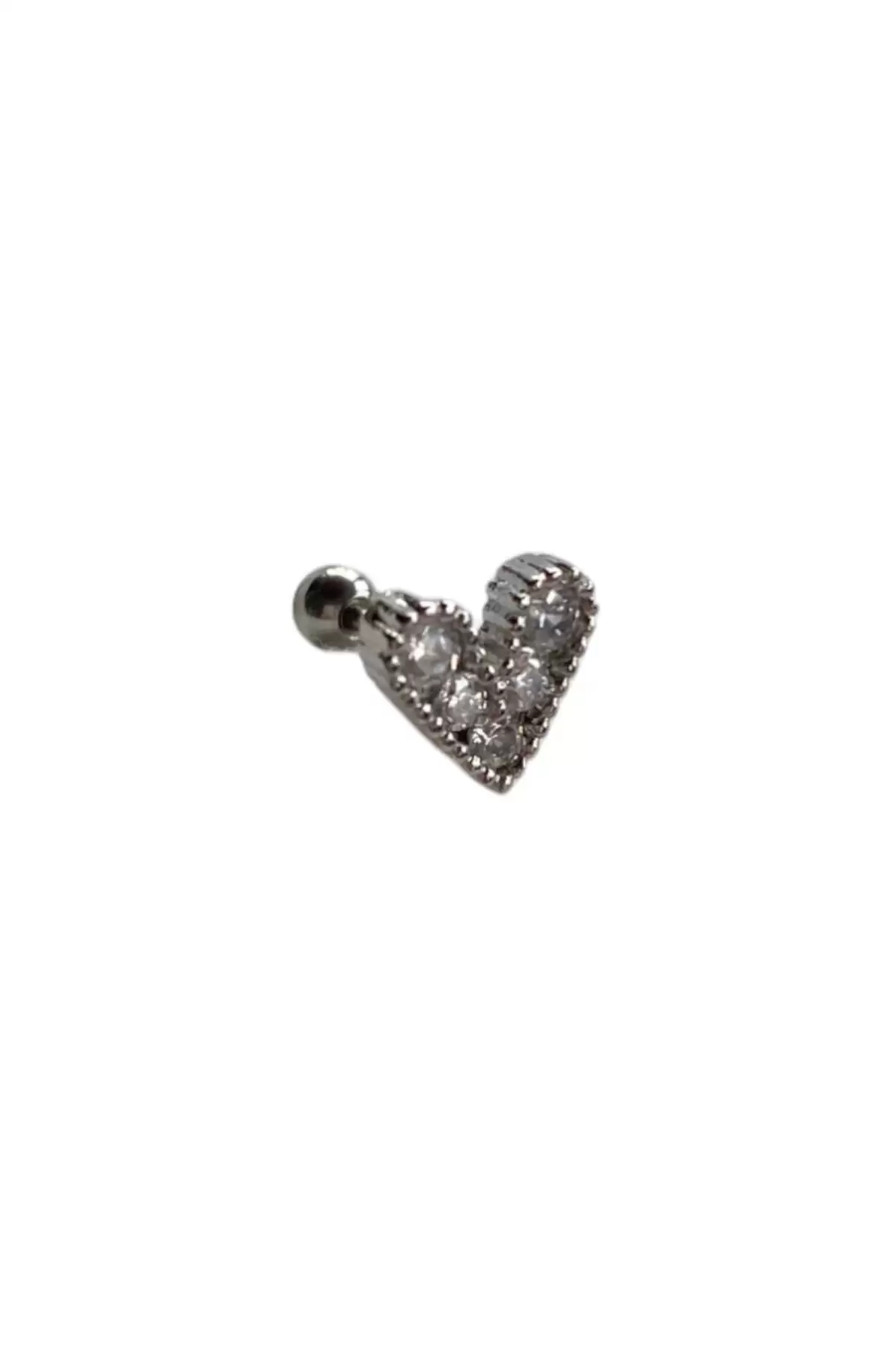 Gümüş Renk Kalp Figürlü Taş Detaylı Cerrahi Çelik Tragus/Kıkırdak Küpe/Piercing (Tek)