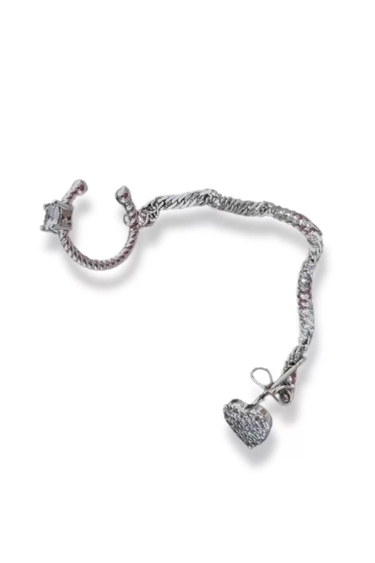 Gümüş Renk Kalp Figürlü Taş Detaylı İkili Ear Cuff Küpe Set