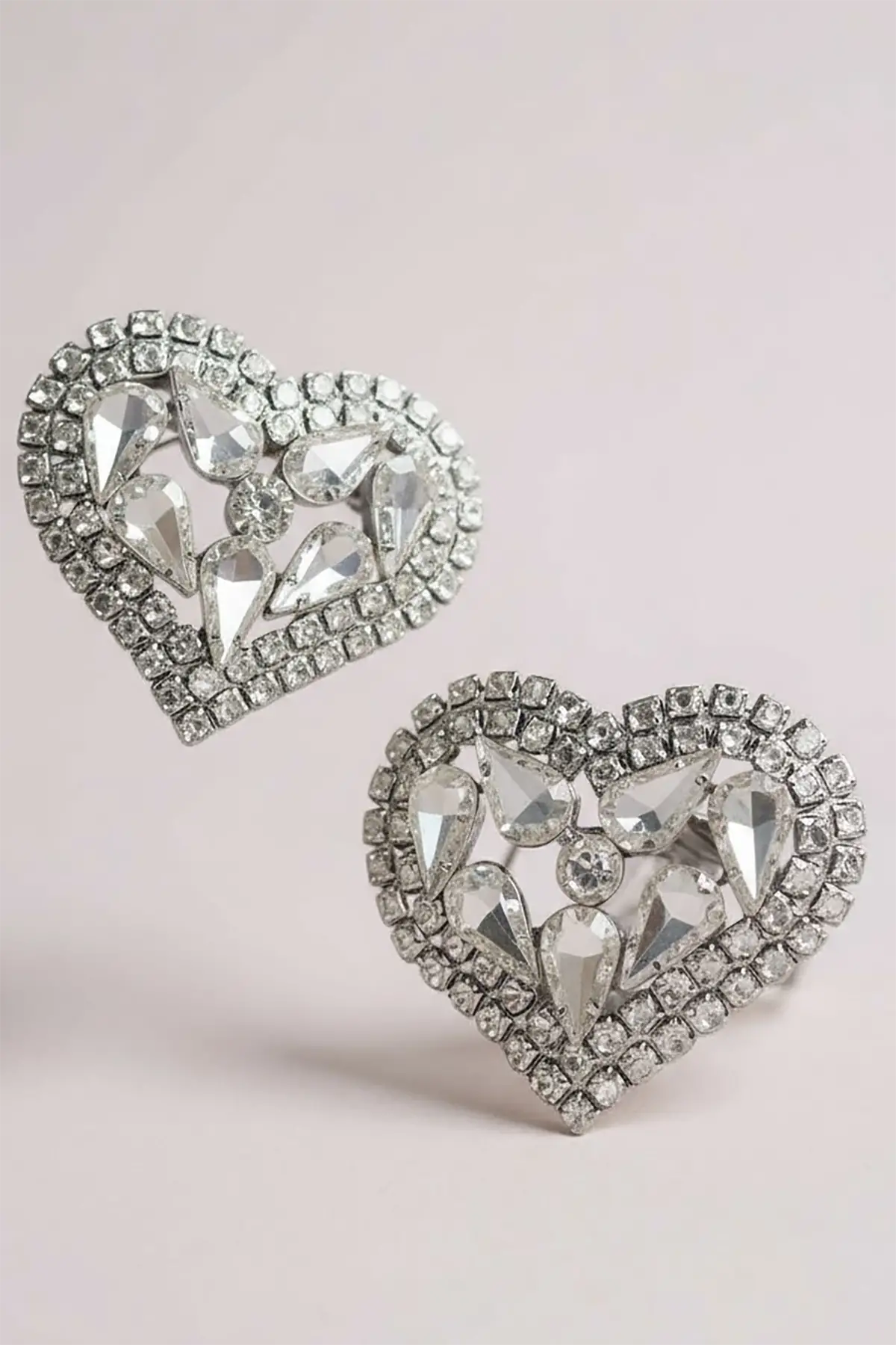 Gümüş Renk Kalp Figürlü Taşlı Abiye Küpe Kına/Gelin Küpe (Çift)