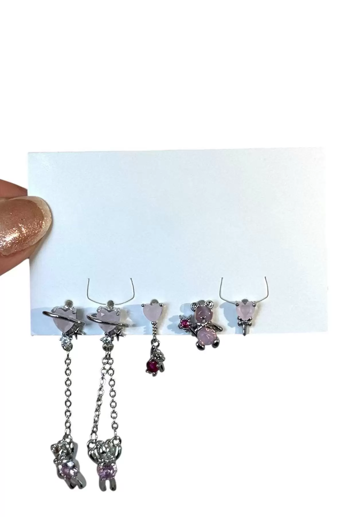 Gümüş Renk Karışık Figürlü Taş Detaylı 5li Küpe Set