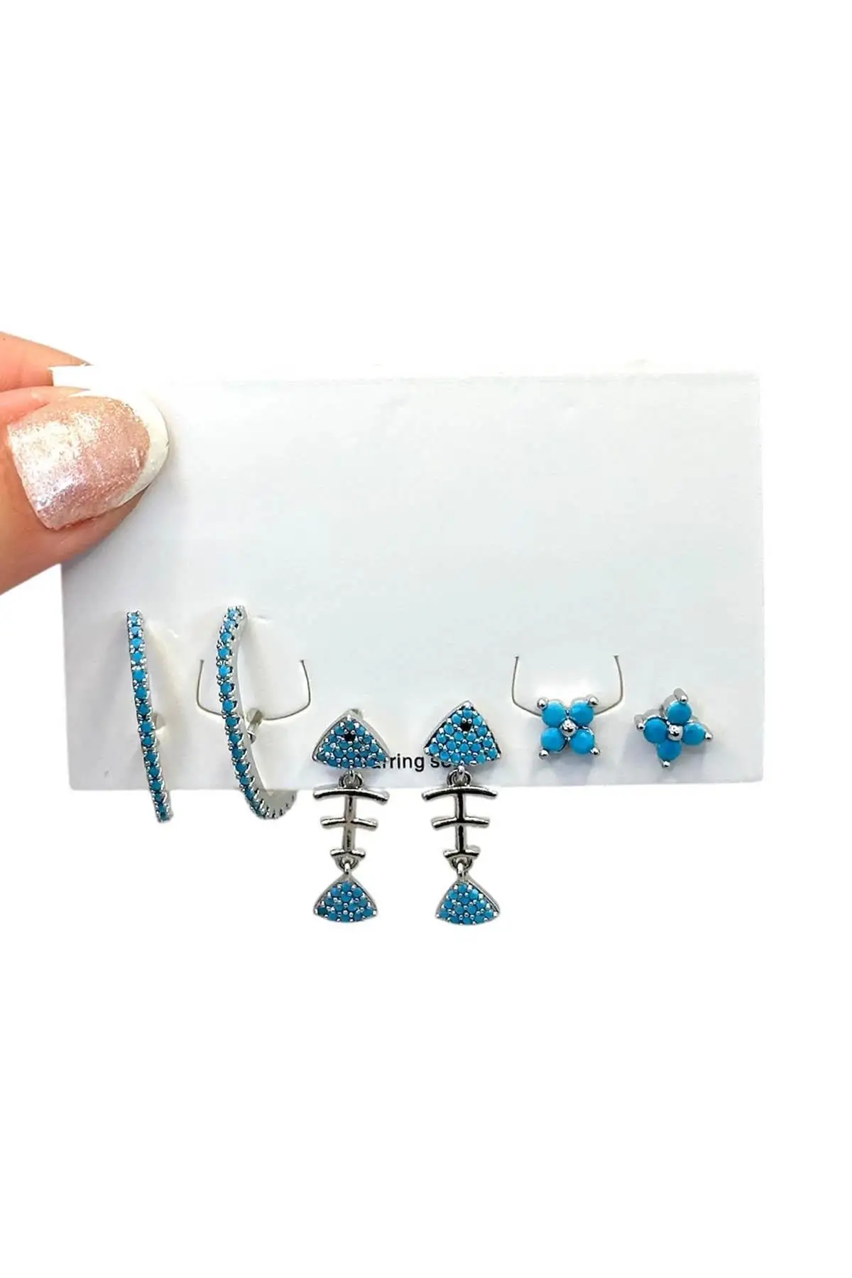 Gümüş Renk Karışık Figürlü Taş Detaylı 6lı Küpe Set