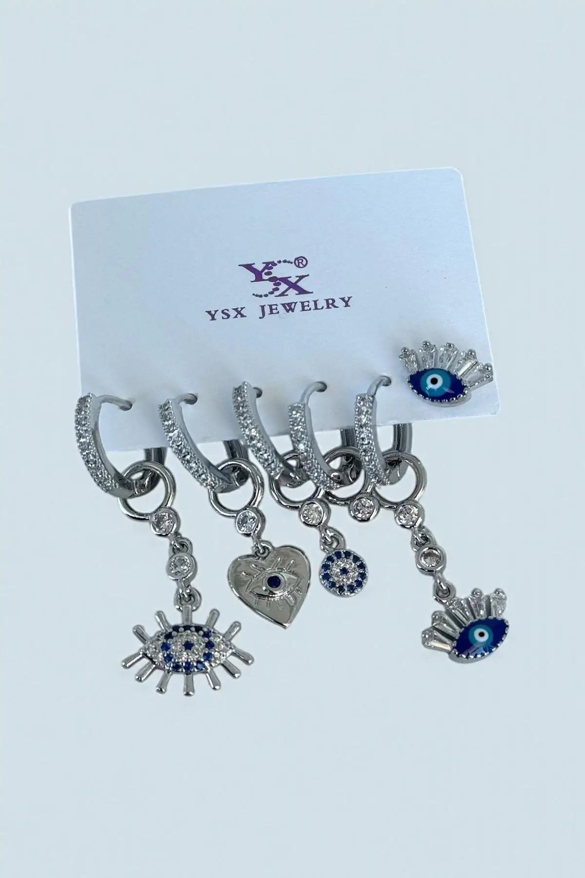 Gümüş Renk Karışık Figürlü Taş Detaylı 6lı YSX Küpe Set