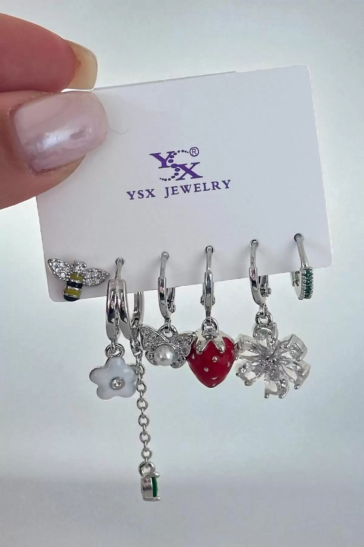Gümüş Renk Karışık Figürlü Taş Detaylı 6lı YSX Küpe Set