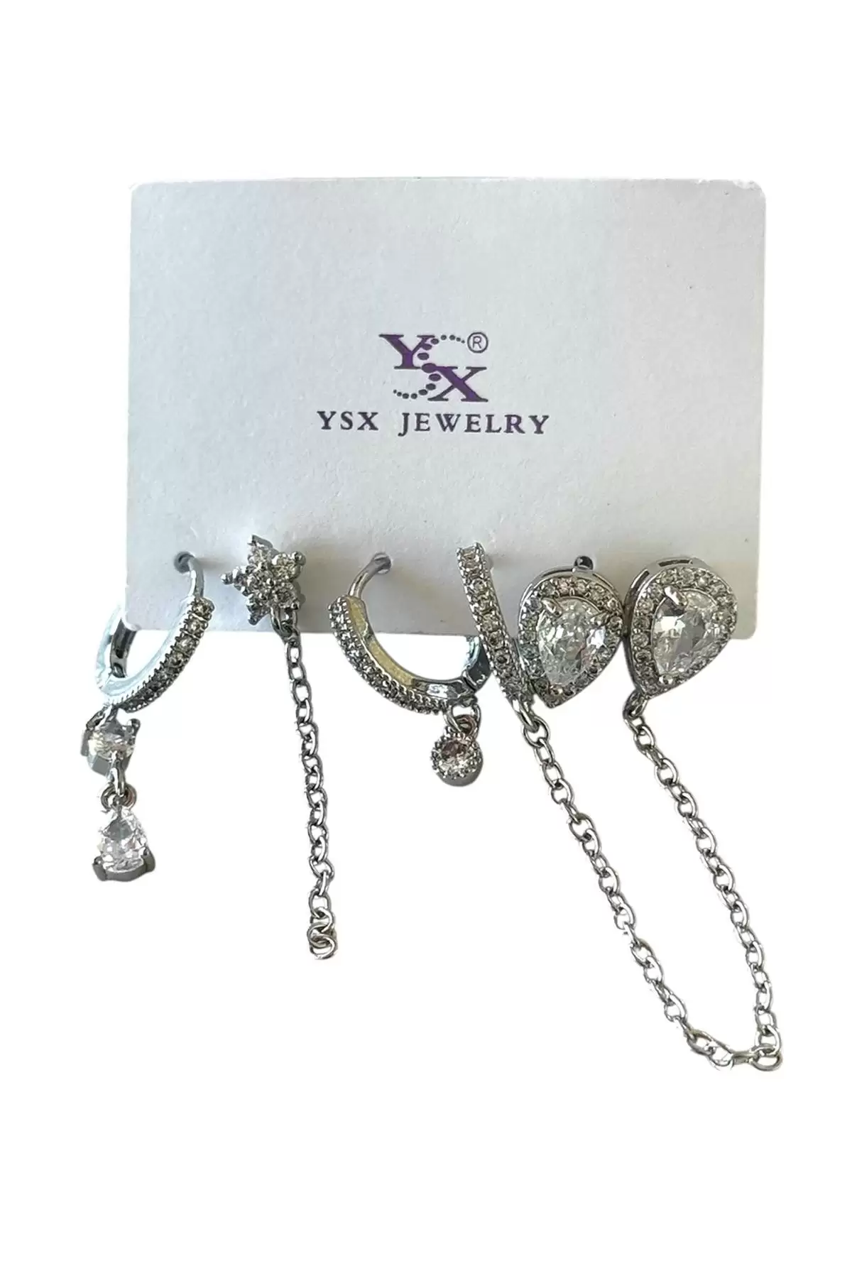 Gümüş Renk Karışık Figürlü Taş Detaylı 6lı YSX Küpe Set