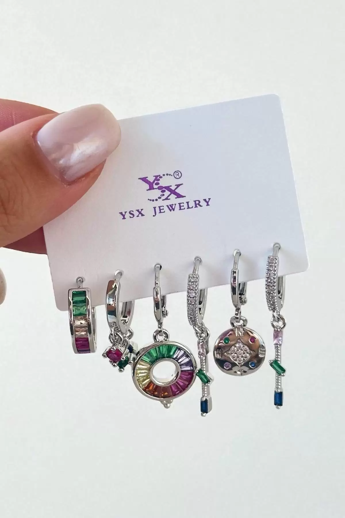 Gümüş Renk Karışık Figürlü Taş Detaylı 6lı YSX Küpe Set