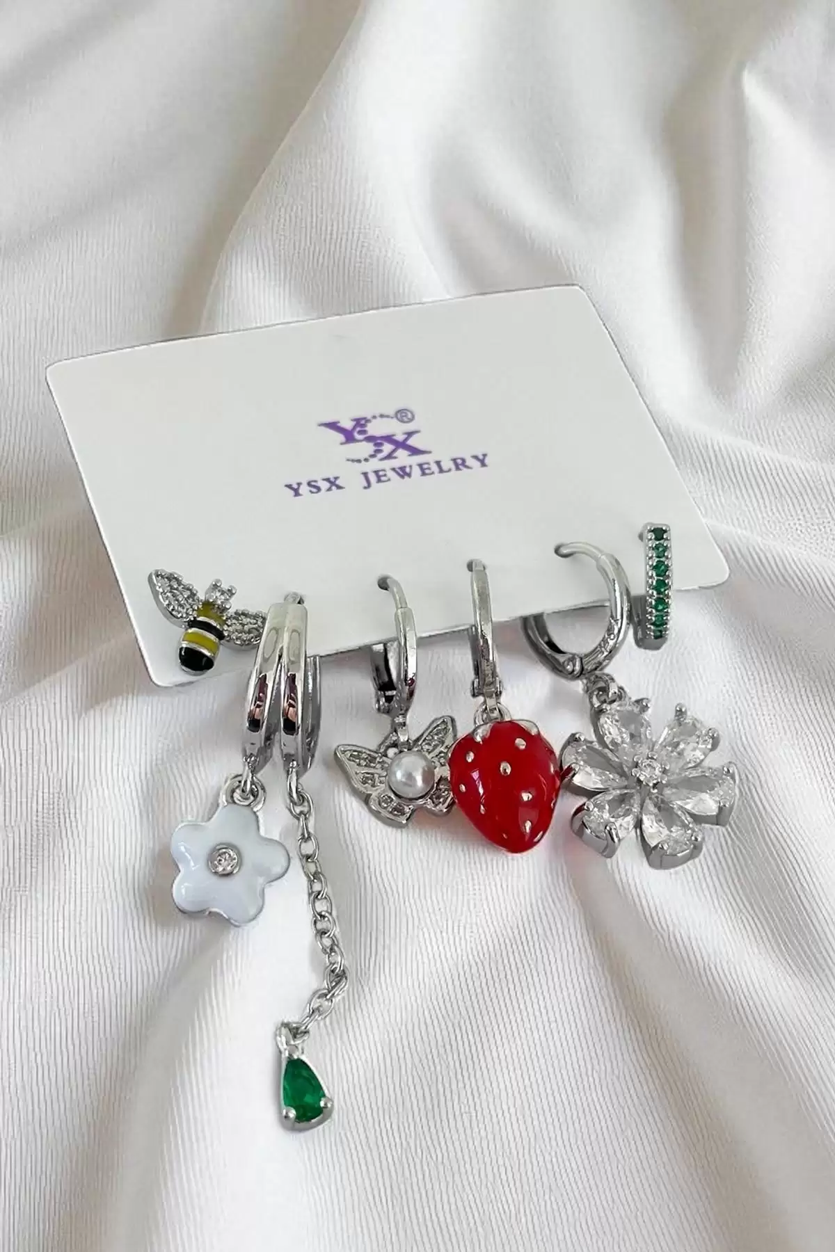 Gümüş Renk Karışık Figürlü Taş Detaylı 6lı YSX Küpe Set