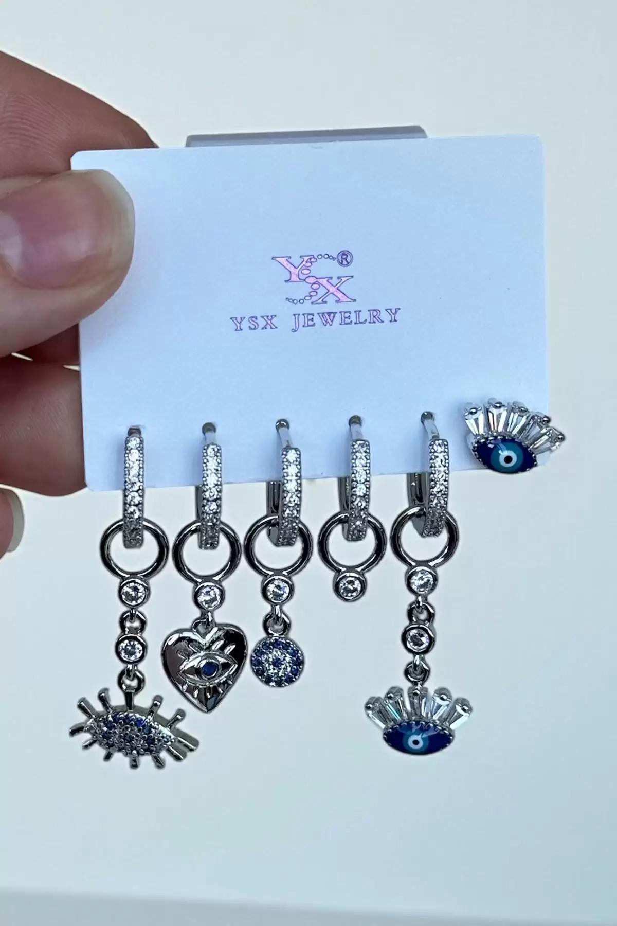 Gümüş Renk Karışık Figürlü Taş Detaylı 6lı YSX Küpe Set