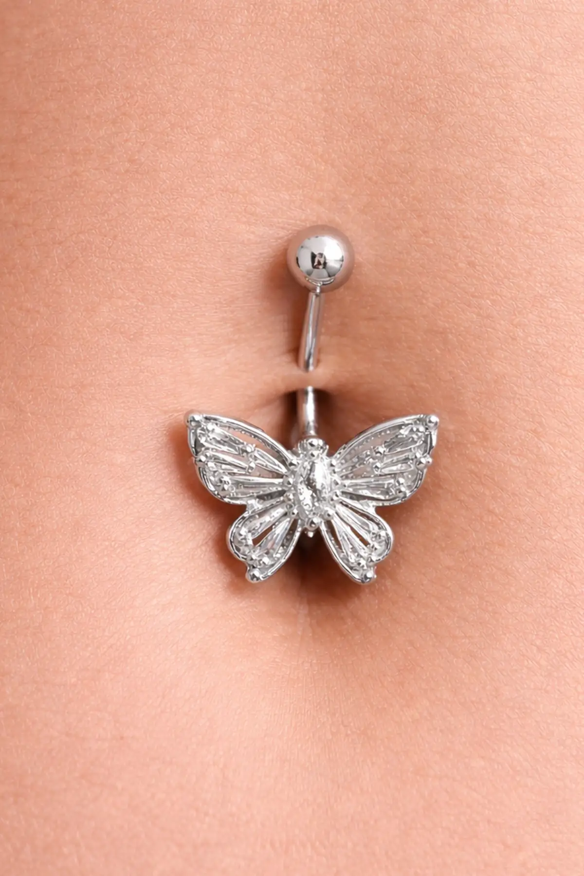 Gümüş Renk Kelebek Figürlü Cerrahi Çelik Göbek Piercing