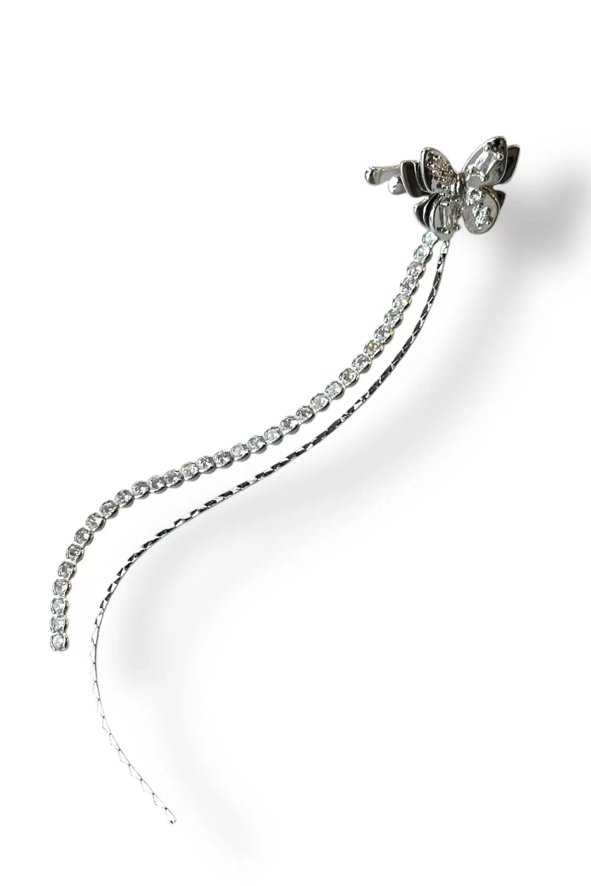 Gümüş Renk Kelebek Figürlü Sallantılı Ear Cuff Küpe (Tek)