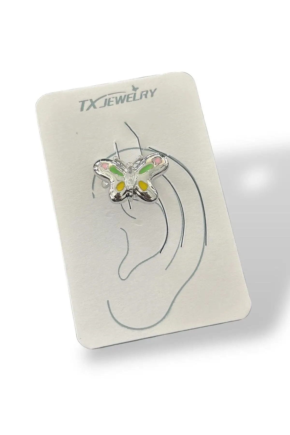 Gümüş Renk Kelebek Figürlü Taş Detaylı 14K Altın Kaplama TX Ear Cuff (Tek)
