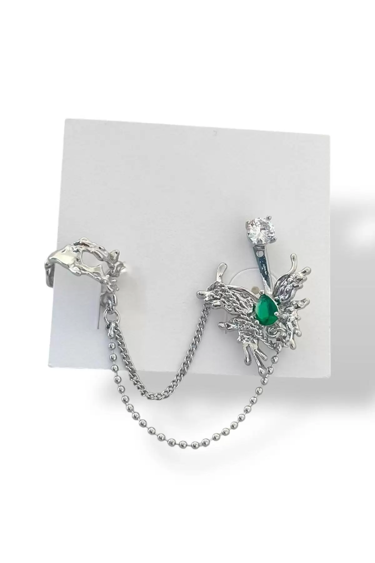 Gümüş Renk Kelebek Figürlü Taş Detaylı İkili Ear Cuff Küpe Set