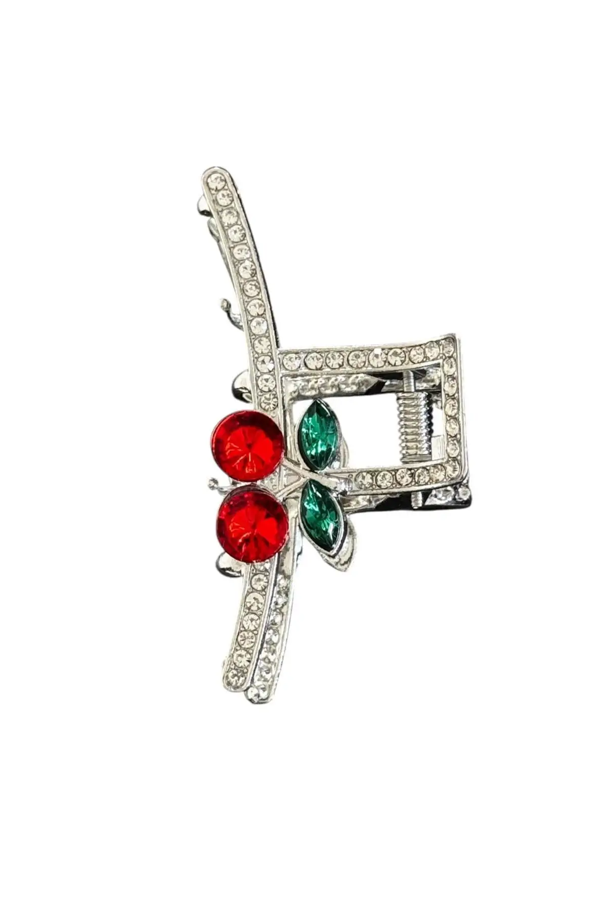 Gümüş Renk Kiraz Figürlü Taş Detaylı Metal Mini Mandal Toka