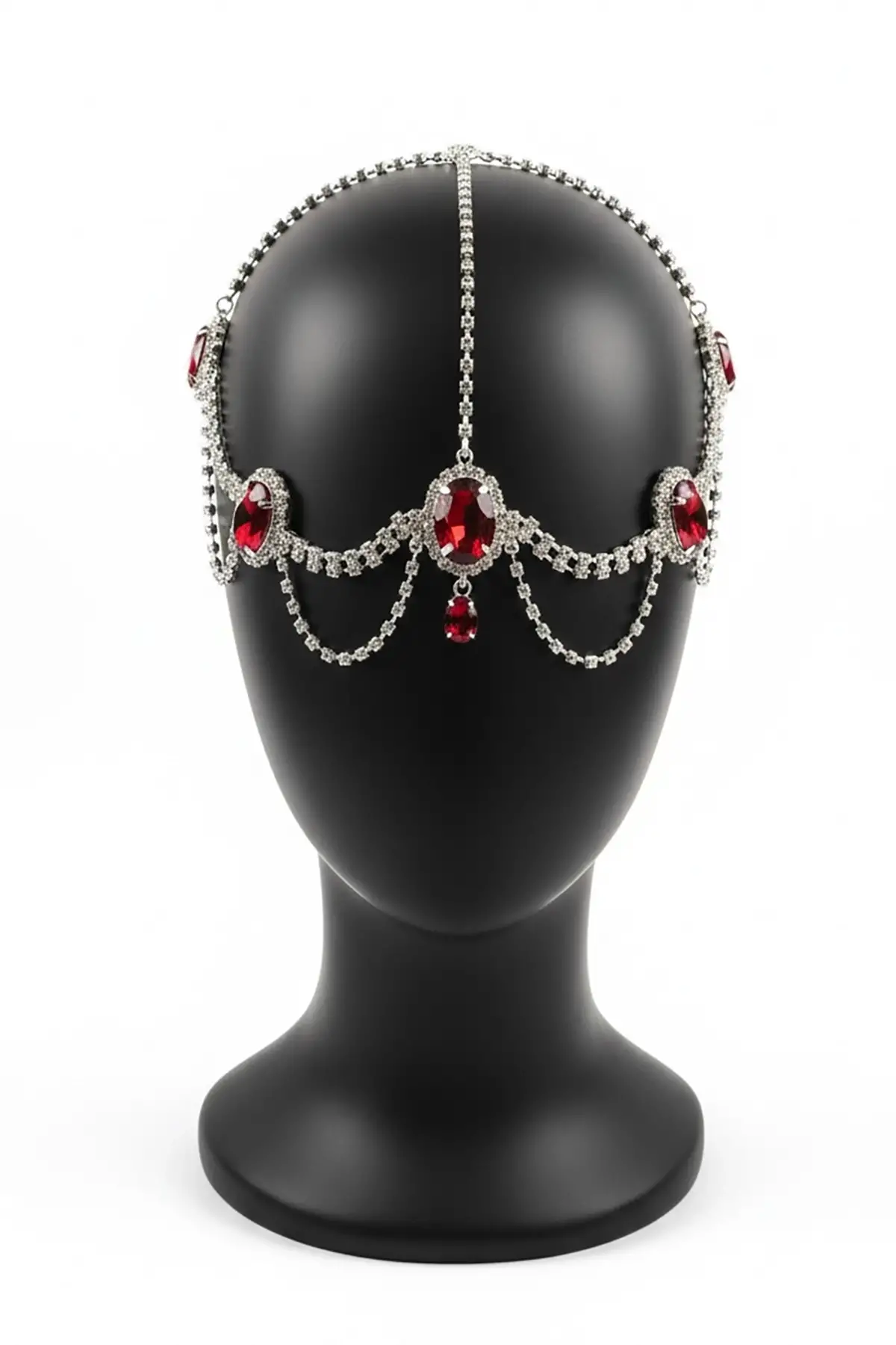 Gümüş Renk Kırmızı Taş Detaylı Alınlık/Kına Aksesuarı