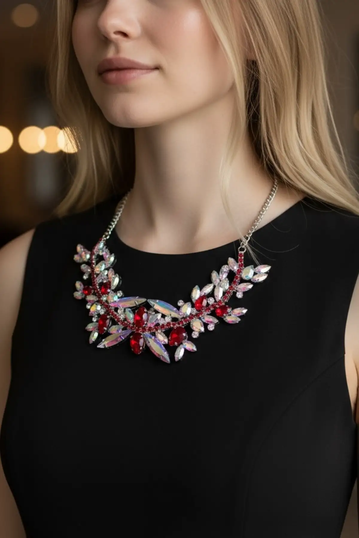 Gümüş Renk Kırmızı Taş Detaylı Tasarım Abiye Kolye