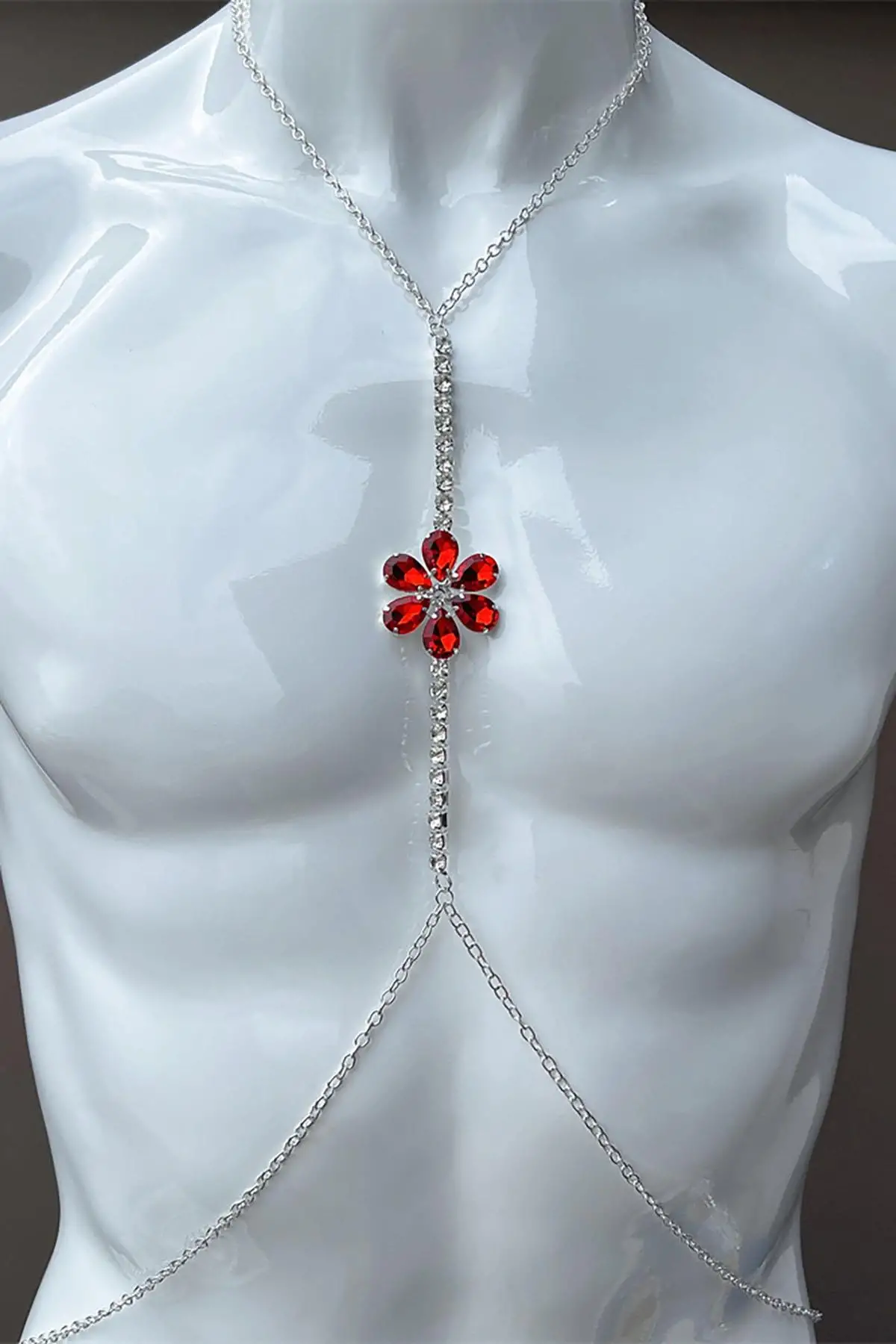 Gümüş Renk Kırmızı Taş Detaylı Tasarım Vücut Aksesuar