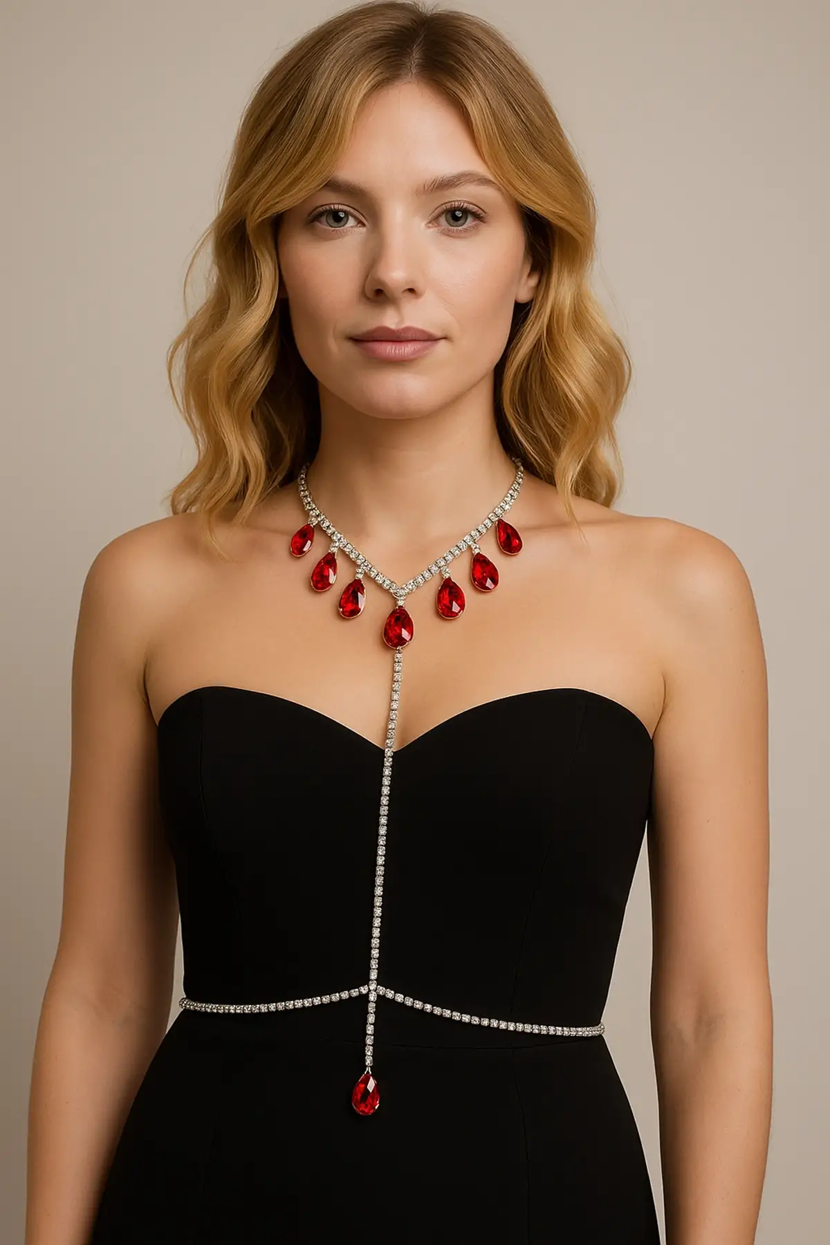 Gümüş Renk Kırmızı Taş Detaylı Tasarım Vücut Aksesuar