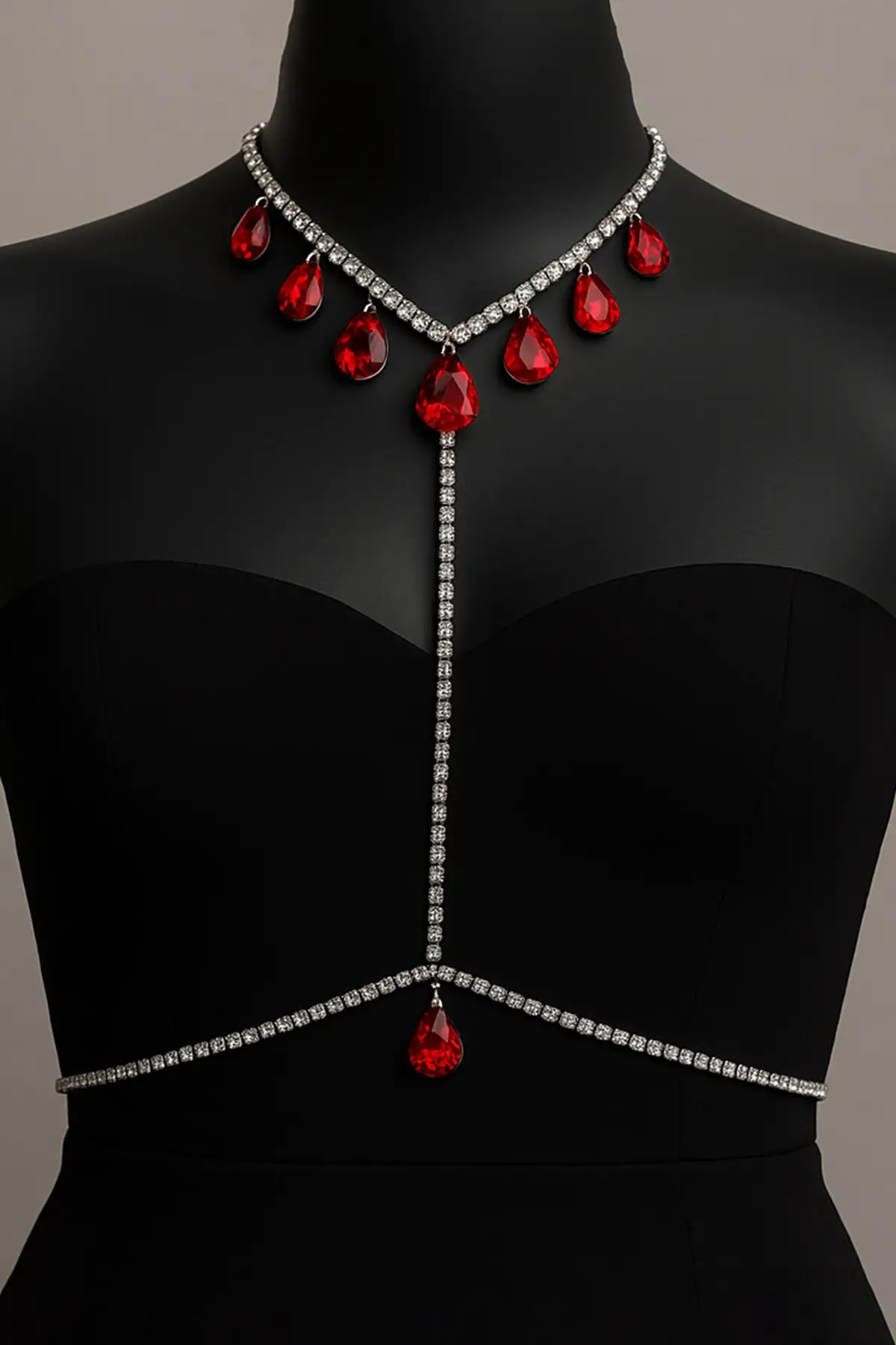 Gümüş Renk Kırmızı Taş Detaylı Tasarım Vücut Aksesuar