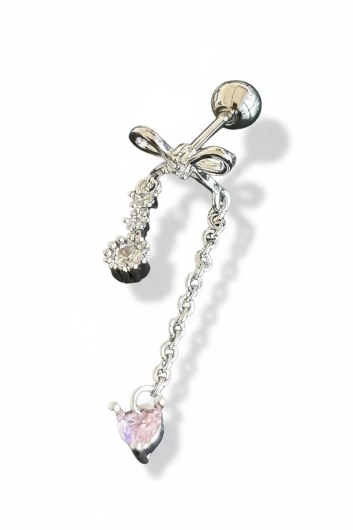 Gümüş Renk Kurdele Figürlü Sallantılı Cerrahi Çelik Tragus/Kıkırdak Küpe/Piercing (Tek)