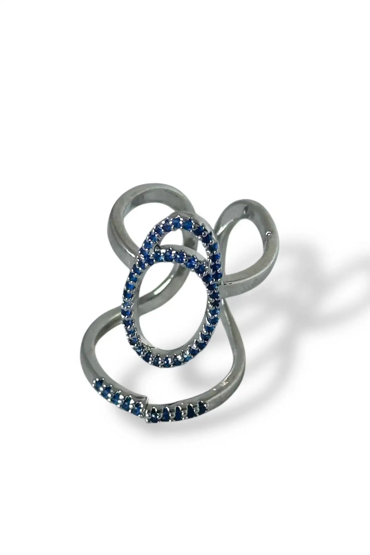 Gümüş Renk Lacivert Taş Detaylı Ayarlanabilir Çelik Yüzük