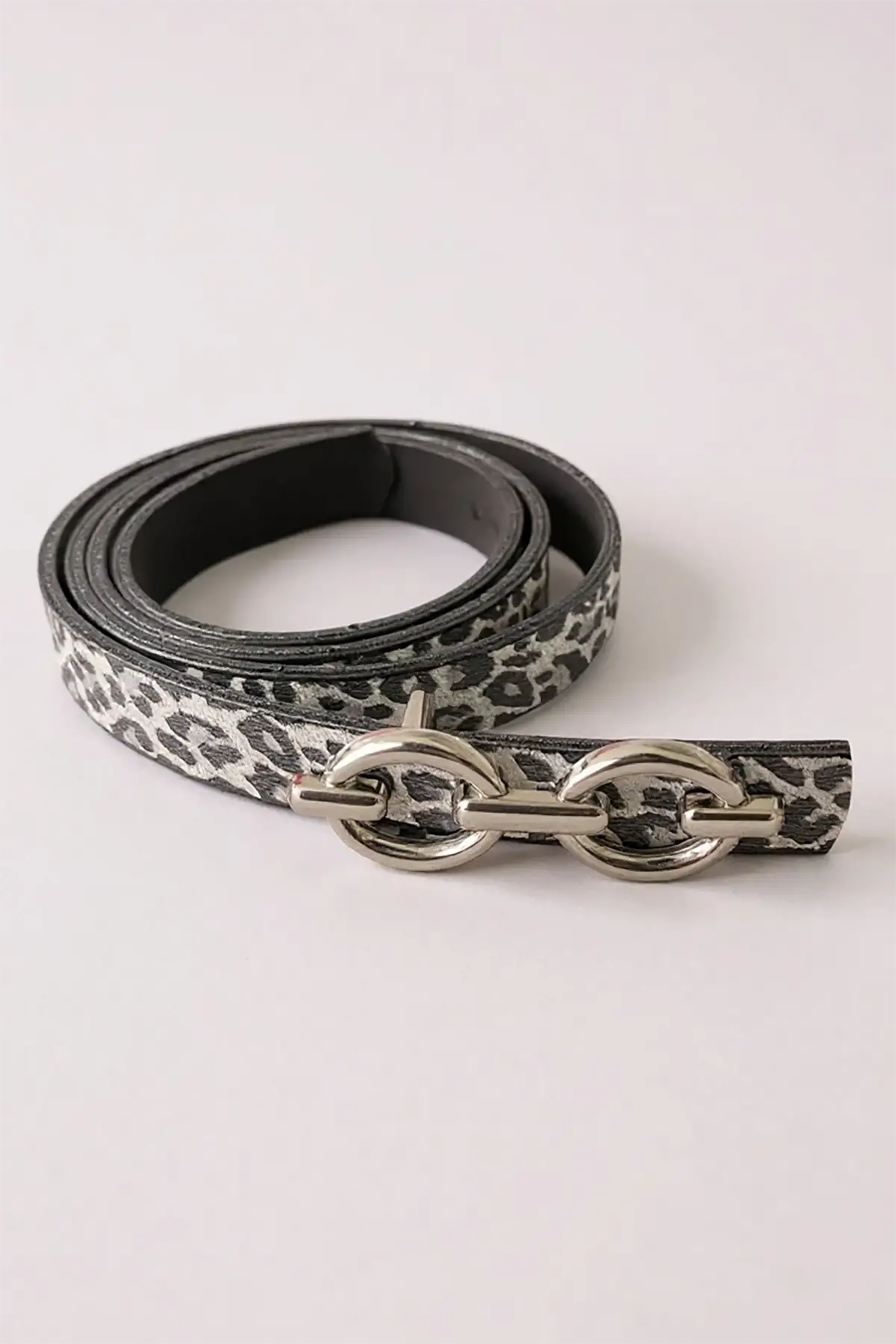 Gümüş Renk Leopar Desenli Kadın Deri Kemer